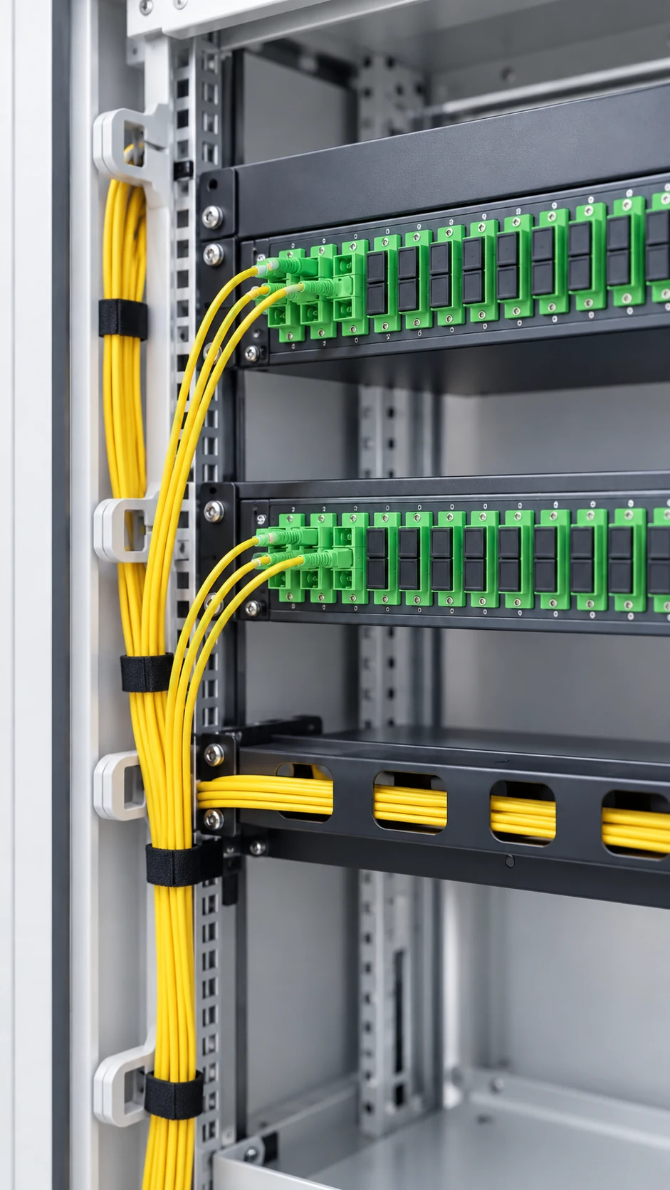 Baie de brassage professionnelle avec raccordements fibre optique organisés